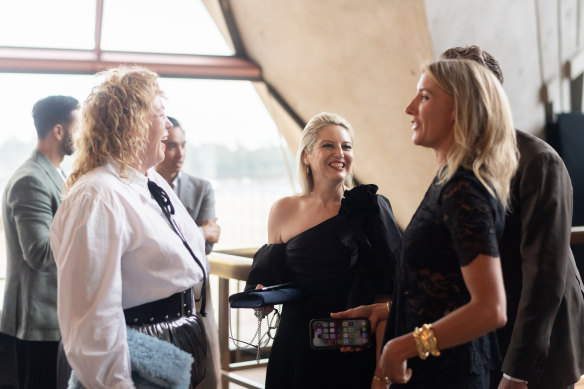 Former Good Food Guide editor Myffy Rigby and head of Good Food Sarah Norris with Jeanine Bribosia and Shannon Blanchard from The Cru..