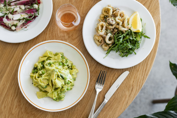 Pappardelle, asparagus, peas and stracciatella, plus fried calamari.
