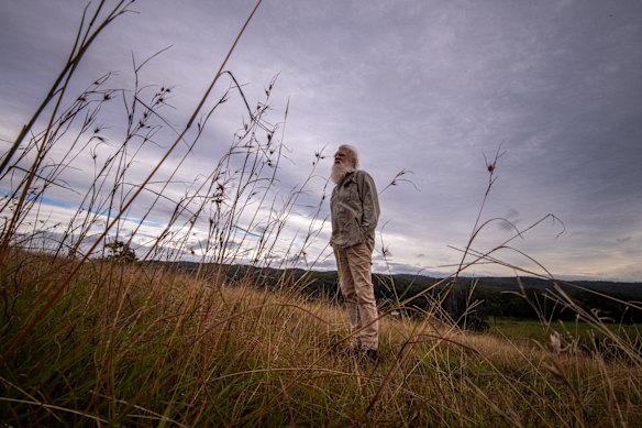 Bruce Pascoe among kangaroo grass at Yumburra.