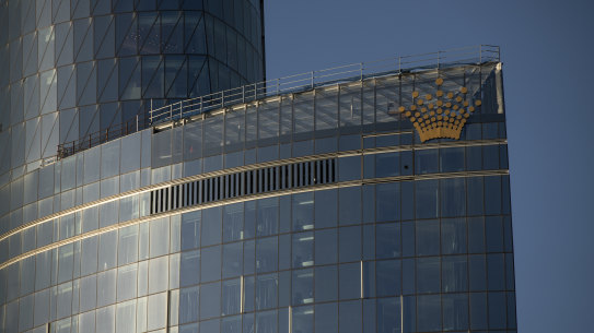 The Crown logo adorns the newly built Crown Casino Tower at Barangaroo in Sydney.
