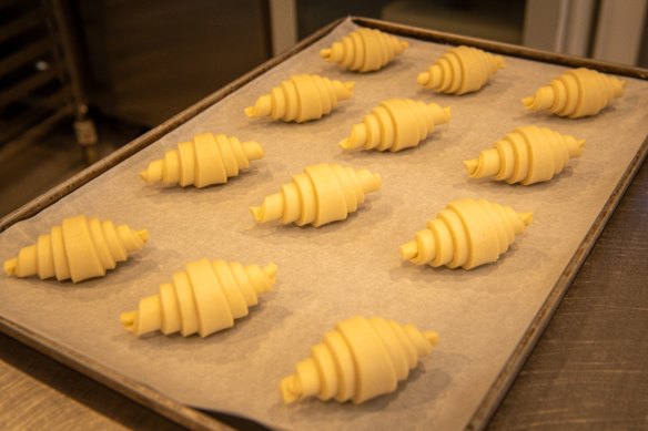 Shaped croissants go into a prover for the dough to rise.