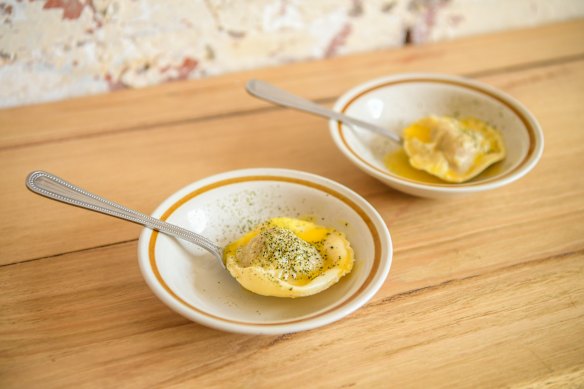 Don’s “pasta on a spoon” might be a  duck raviolo with mandarin butter.