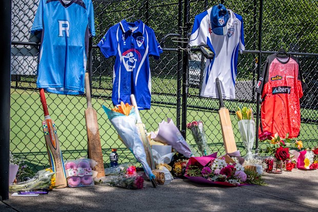 Floral tributes, cricket, football and school jumpers left at the site of Ben Austin’s death during cricket training