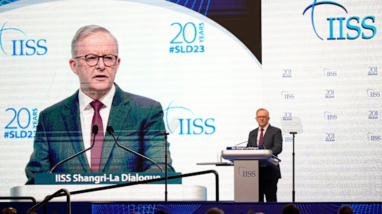 Australian Prime Minister Anthony Albanese deliver keynote address during the opening dinner for the 20th International Institute for Strategic Studies Shangri-La Dialogue.