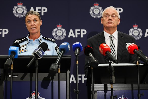 AFP Commissioner Kristy Barrett and OSI Director of Investigations Ross Barnett speak about the arrest of Ben Roberts-Smith at a press conference in Sydney.