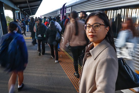 Marelen Yap at V/Line’s Rockbank station, which heaves with city-bound commuters at peak-hour.