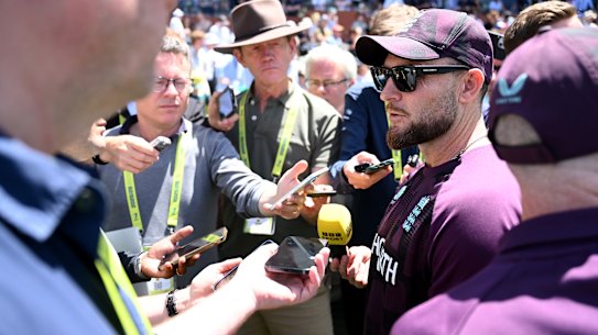 Brendon McCullum faces the English press pack.