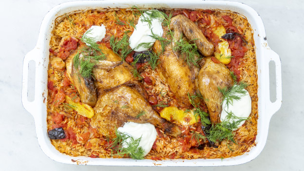 Karen Martini’s roast chicken, tomato and cumin butter-baked  rice.
