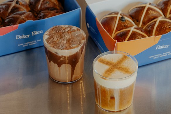 Baker Bleu's hot cross bun latte and iced cherry chocolate drink.