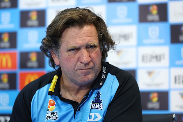 GOLD COAST, AUSTRALIA - JULY 13: Titans coach Des Hasler speaks to the media after the round 19 NRL match between Gold Coast Titans and Brisbane Broncos at Cbus Super Stadium, on July 13, 2025, in Gold Coast, Australia. (Photo by Chris Hyde/Getty Images)