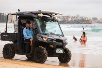 Northern Beaches Council lifeguards James Thomson and Scotty Atherton on patrol at Manly.  