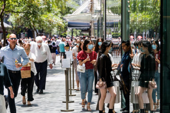 Shoppers at Sydney’s Pitt Street Mall. Spending in stores has recovered strongly since lockdowns.