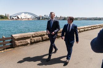 NSW Premier Dominic Perrottet, left, and Tourism Minister Stuart Ayres on Friday.