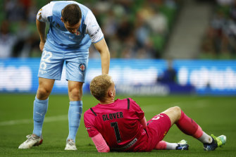 City goalkeeper Tom Glover reacts after giving away a penalty. 