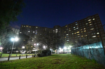 The public housing tower at 33 Alfred Street in North Melbourne under lockdown last month.