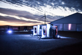 A car-charging station at Tesla's wind and solar battery plant outside of Jamestown, South Australia.