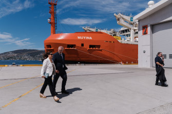 The Prime Minister and his wife Jenny at Hobart for the official launch of the RSV Nuyina - Australia’s new $529 million icebreaker research vessel. 