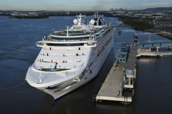 P&O’s Pacific Explorer docking at the new Brisbane International Cruise Ship Terminal on Thursday morning.