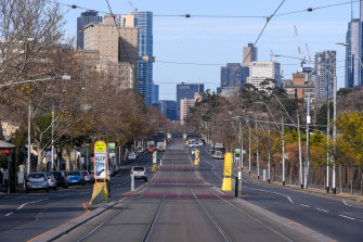 Lygon Street in Melbourne's Brunswick was deserted on Monday morning.