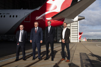 From left: Qantas CEO Alan Joyce, Prime Minister Scott Morrison, NSW Premier Dominic Perrottet and Jetstar CEO Gareth Evans on Friday morning. 