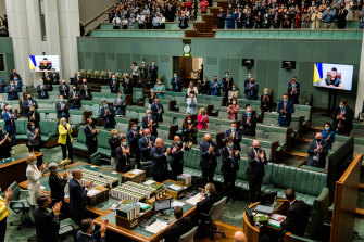Ukrainian President Volodymyr Zelensky addresses the House of Representatives in Parliament House, Canberra. Thursday 31st March 2022.