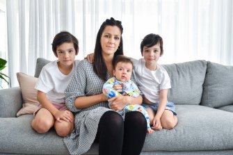Uneasy about lockdown lifting: Emma Hodgson with her children Max, Charlie  and three-month-old Teddy.