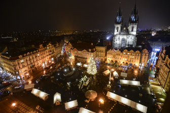A Christmas market in Old Town Square in Prague, Czech Republic.