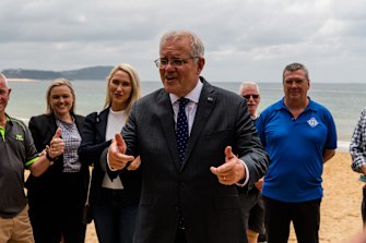Australian Prime Minister Scott Morrison at Terrigal Surf Life Saving Club yesterday.