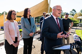 Prime Minister Scott Morrison at Westmead Children’s Hospital this afternoon. 