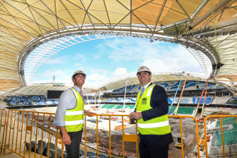 Minister for Infrastructure and Cities Rob Stokes and Minister for Tourism and Sport Stuart Ayres at Allianz Stadium on Tuesday.