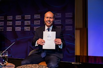 Treasurer Josh Frydenberg addresses the Press Club in the Great Hall after delivering the budget last night. Wednesday 30th March 2022. 