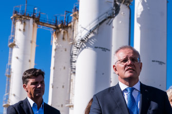Prime Minister Scott Morrison and Energy Minister Angus Taylor campaigning at an oil refinery.