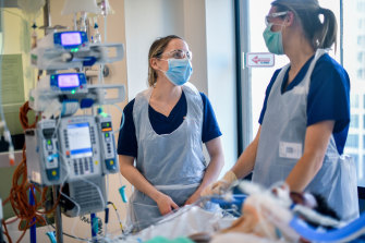 Nurses working in an intensive care unit at a Melbourne hospital.  