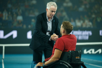 Craig Tiley, Tennis Australia CEO, pays tribute to Dylan Alcott on Rod Laver Arena. 