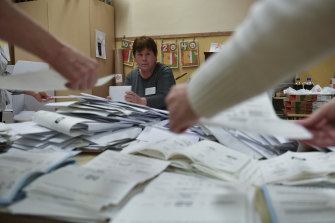 Ballots are counted in the general election in Budapest, Hungary. A referendum on LGBTQI+ rights was also part of Sunday’s vote. 
