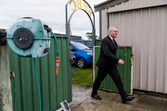 Australian Prime Minister Scott Morrison visits Beauty Point Bowls Club, in the seat of Bass in Tasmania on Wednesday.