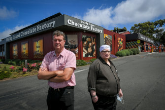 Panny Letchumanan (right) co-owner of the Phillip Island Chocolate Factory with Geoff Mowd last year.
