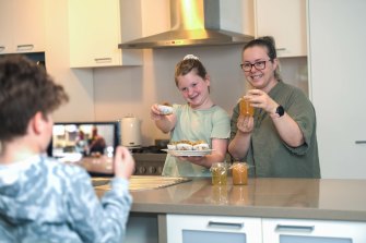 Mel Wityk, daughter Isabella and son Matthew, practise for video entries to the Royal Melbourne Showâ€™s cookery competition.
