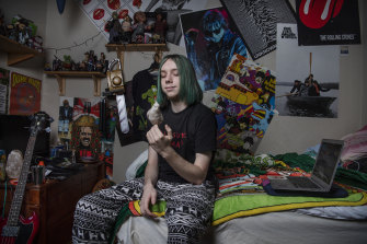 Year 12 Bradfield College student Jarvis Ayres in his bedroom at his Marrickville home.