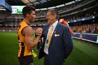 Hawthorn president Jeff Kennett with Jaeger O'Meara.