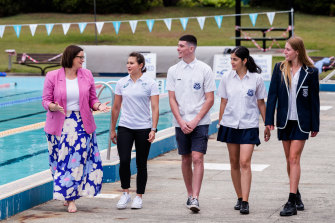 Education Minister Sarah Mitchell  and Tokyo Olympian Melissa Wu meet year 12 students from Matraville Sports High School before Tuesday’s start of HSC exams.