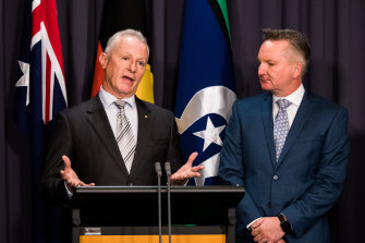 Former fire chief and climate advocate Greg Mullins address the first ministerial press conference held by Climate Minister Chris Bowen.