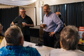 Beers and cheers: Albanese, with Senator Murray Watt, was given a rockstar welcome at a Labor party branch meeting at Mackay’s Northern Beaches Bowls Club.