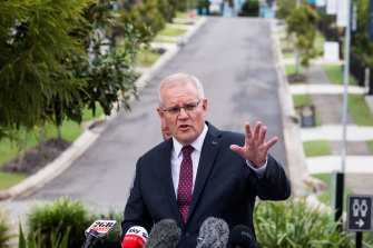 Prime Minister Scott Morrison visits Springfield Rise Display Village, south of Brisbane, to meet prospective home buyers in the seat of Blair.