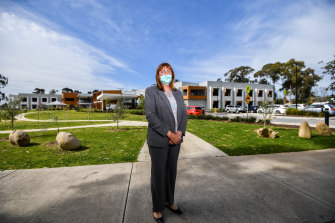 Shepparton Villages chief executive Veronica Jamison at the aged care home's Maculata Place building, where the first staff member tested positive for coronavirus.