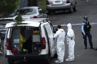 Forensic police at the scene of Rami Iskander’s alleged murder, the latest in a spate of underworld shootings.
