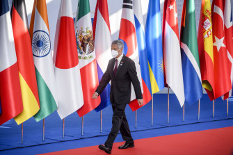 Singapore’s Prime Minister Lee Hsien Loong at the welcome ceremony on the first day of the Rome G20 summit in Rome, Italy. 