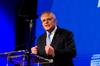 Clinging on: Prime Minister Scott Morrison at the Coalition’s campaign launch yesterday in Brisbane.