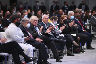 From left, Prime Minister of Barbados Mia Mottley, Secretary-General of the United Nations Antonio Guterres, British Prime Minister Boris Johnson and Sir David Attenborough attend the opening ceremony of the COP26. Mottley’s was a standout speech about the dire need for action particularly for island nations.