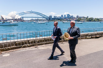 Premier Dominic Perrottet and Health Minister Brad Hazzard in Sydney on Friday.
